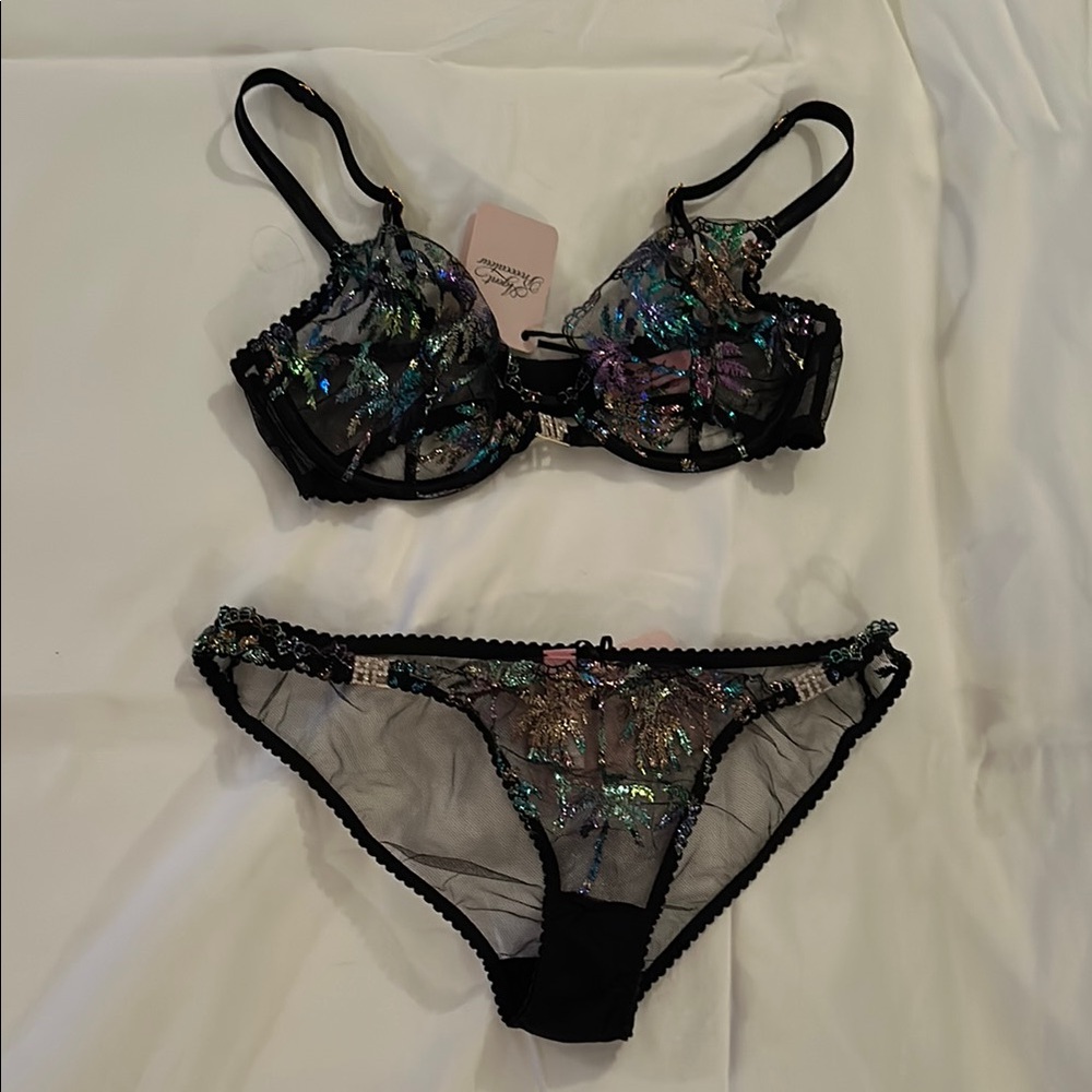 Agent Provocateur Black and Multicolor Embroidered Palm Trees Bra Set- NWT